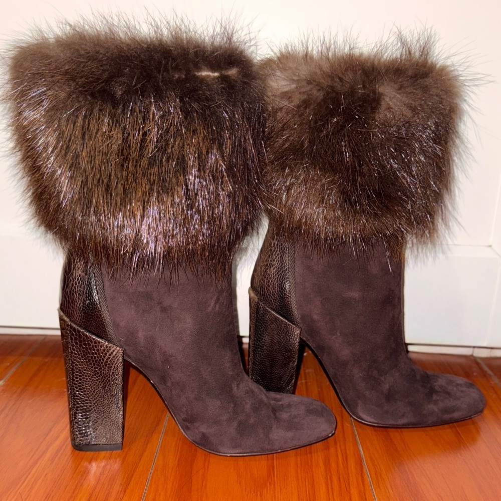 YVES SAINT LAURENT Vintage Brown Suede Heeled Boots with Fur Alligator Trim EU38